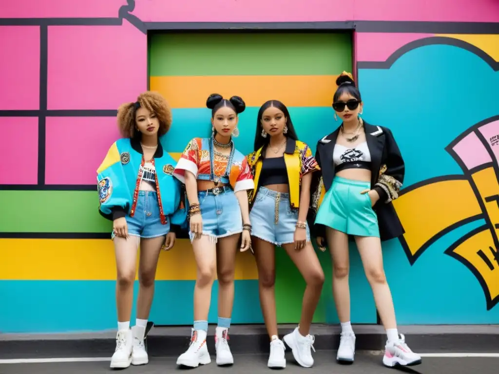 Un grupo de jóvenes con estilo occidental con influencia Harajuku posando frente a coloridos murales graffitados