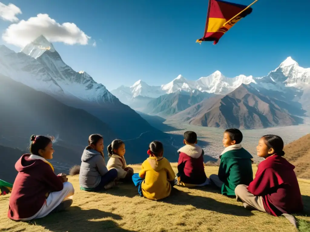 Un grupo de jóvenes estudiantes en Nepal, adaptación escolar en Nepal, estudian al aire libre entre picos nevados y banderas de oración