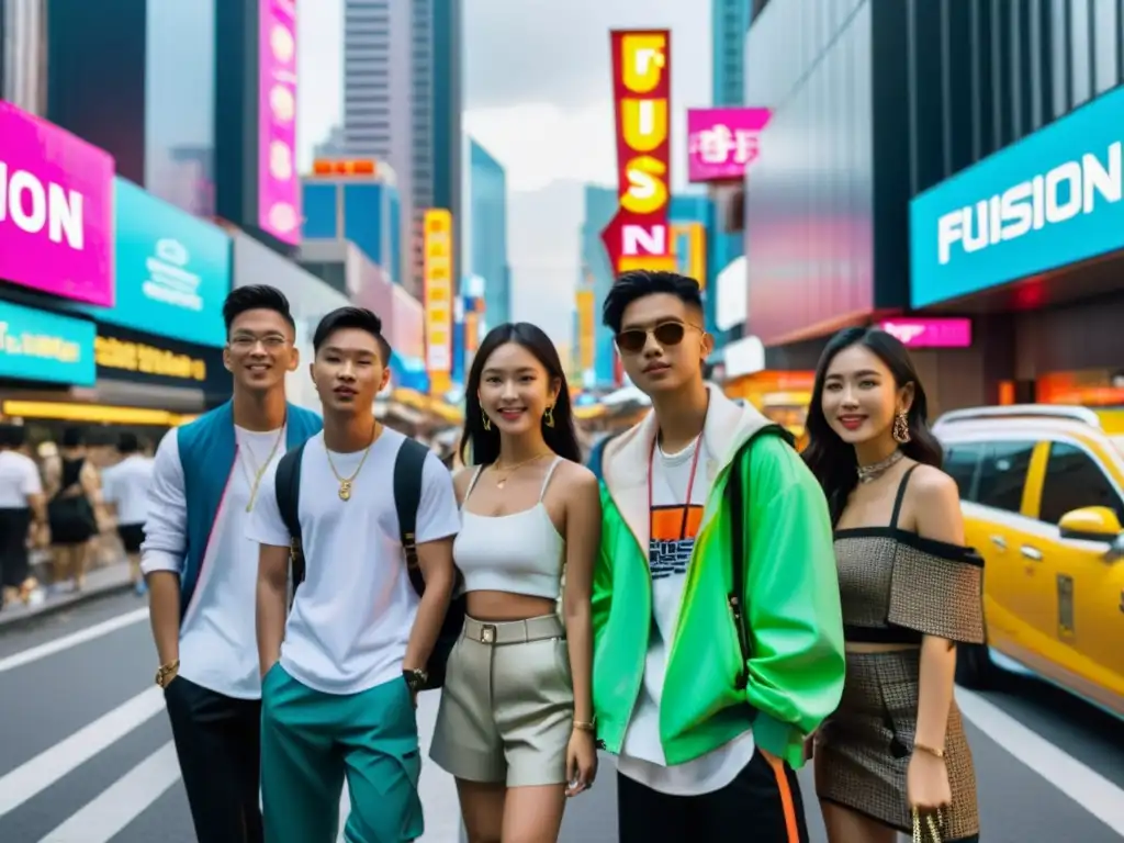 Un grupo de jóvenes con influencia de series asiáticas en moda, caminan con estilo por una calle urbana llena de luces de neón y rascacielos