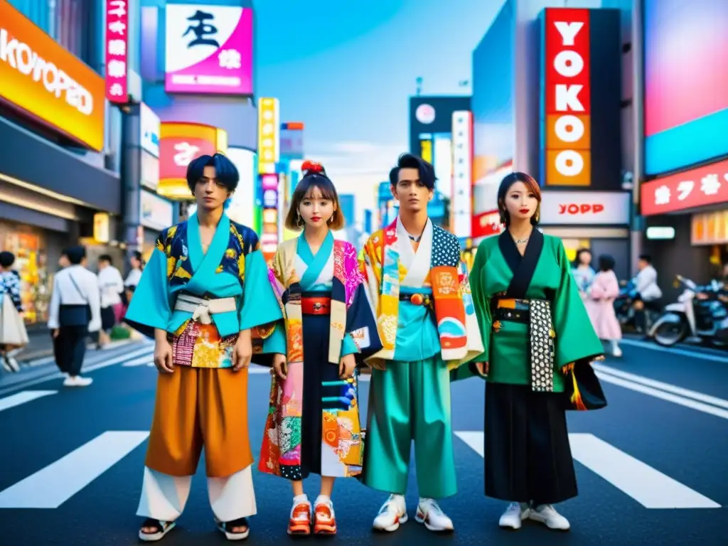 Un grupo de jóvenes japoneses con estilo en una bulliciosa calle de Tokio, fusionando moda tradicional y contemporánea del lenguaje de la moda JPop