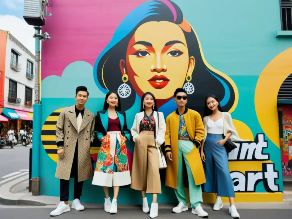 Grupo de jóvenes con moda asiática y tendencias globales, frente a mural de arte callejero en animada ciudad asiática