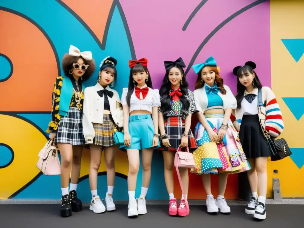 Un grupo de jóvenes vistiendo moda Harajuku frente a un colorido muro graffiteado en Tokio, reflejando la influencia cultura otaku en moda