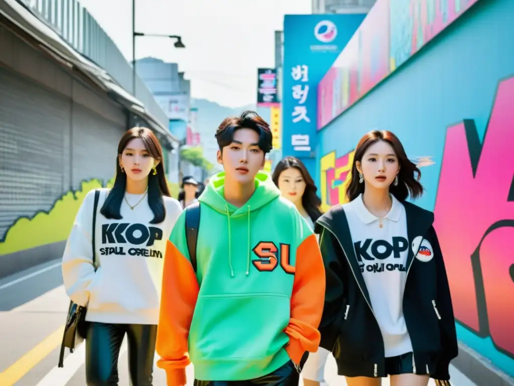 Un grupo de jóvenes en moda inspirada en KPop recorre las bulliciosas calles de Seúl