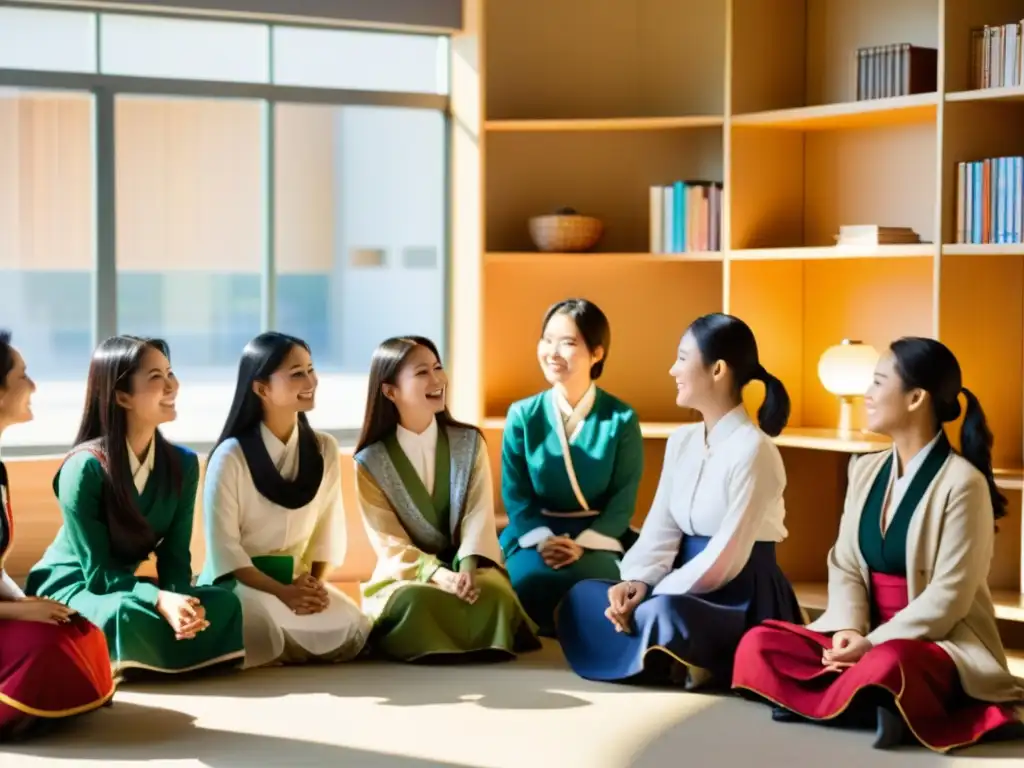 Un grupo de jóvenes mujeres asiáticas vestidas con ropa tradicional participan en una animada discusión en un aula moderna y bien iluminada