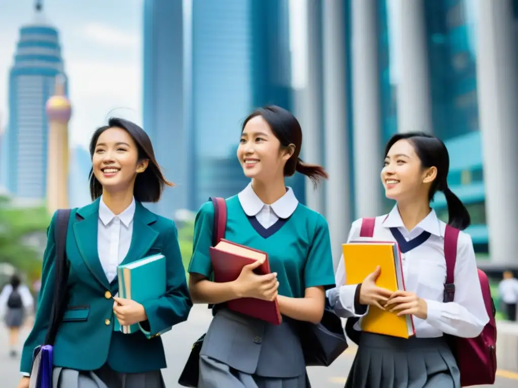 Un grupo de jóvenes mujeres asiáticas en uniforme escolar caminan confiadas por una ciudad moderna, llevando libros y sonriendo mientras conversan