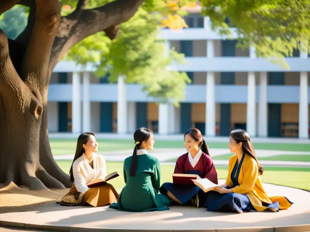 Un grupo de jóvenes mujeres diversas, visten atuendos tradicionales asiáticos, se reúnen bajo un árbol en el campus universitario