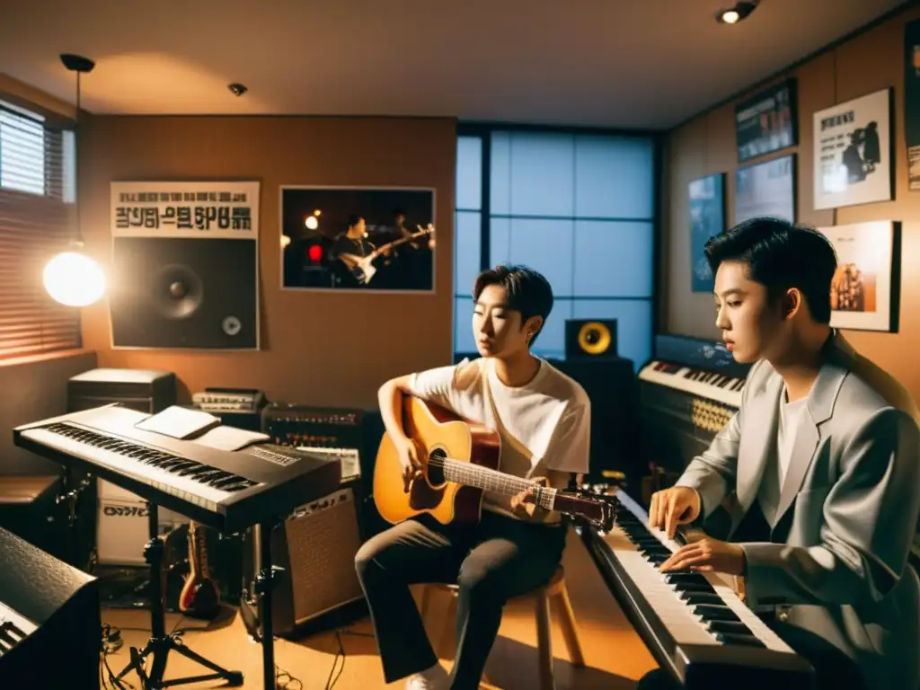 Un grupo de jóvenes músicos practicando en un estudio en Seúl, Corea del Sur, con instrumentos y carteles de bandas de KPop