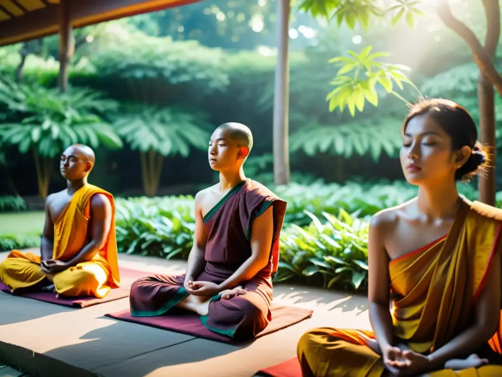 Un grupo de jóvenes practicantes budistas meditan en un hermoso jardín de templo, rodeados de exuberante vegetación