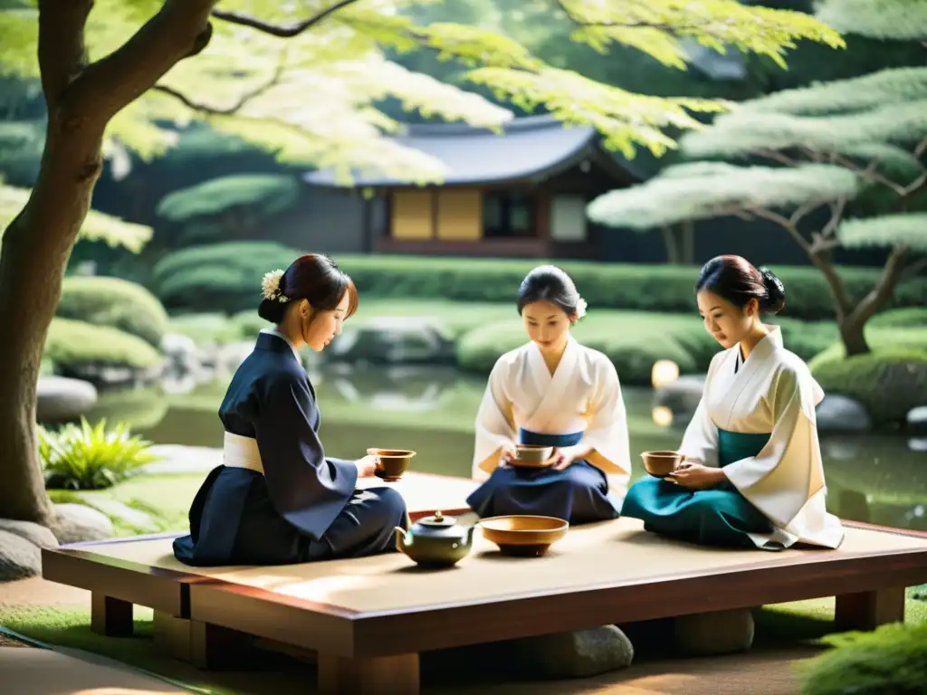 Un grupo de jóvenes profesionales participa en una ceremonia del té en un jardín japonés, reflejando respeto y serenidad en sus rostros