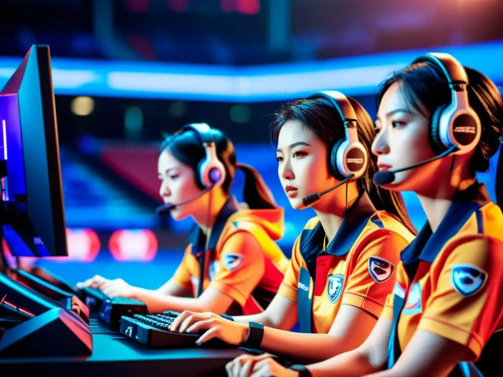 Grupo de jugadoras profesionales de eSports de Asia, concentradas en sus equipos, en una arena brillantemente iluminada