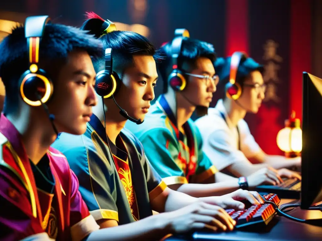 Grupo de jugadores chinos de Dota 2, inmersos en el juego, vistiendo atuendos tradicionales y rodeados de decoraciones chinas