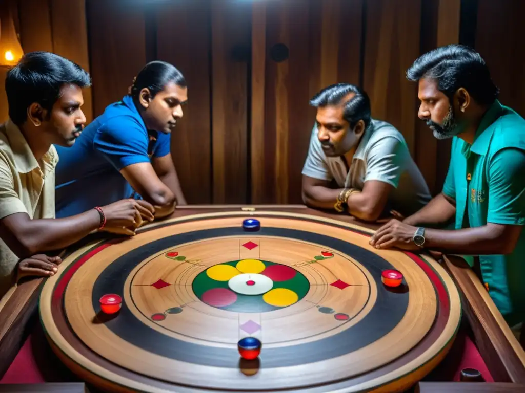 Un grupo de jugadores expertos de carrom concentra sus destrezas y estrategias en un juego intenso bajo la luz tenue