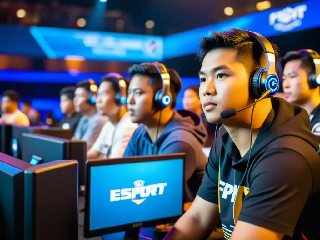 Un grupo de jugadores filipinos se reúnen en un bullicioso estadio de eSports, compitiendo en un torneo de alto nivel