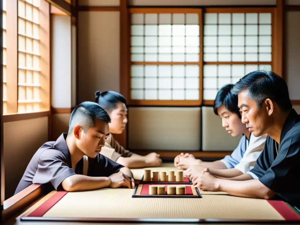 Un grupo de jugadores de Karuta Hyakunin Isshu concentrados en el juego, rodeados de tatamis, transmitiendo una atmósfera serena y competitiva