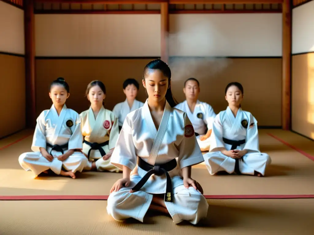 Un grupo de karatekas compitiendo en meditación en el dojo, rodeados de trofeos y medallas