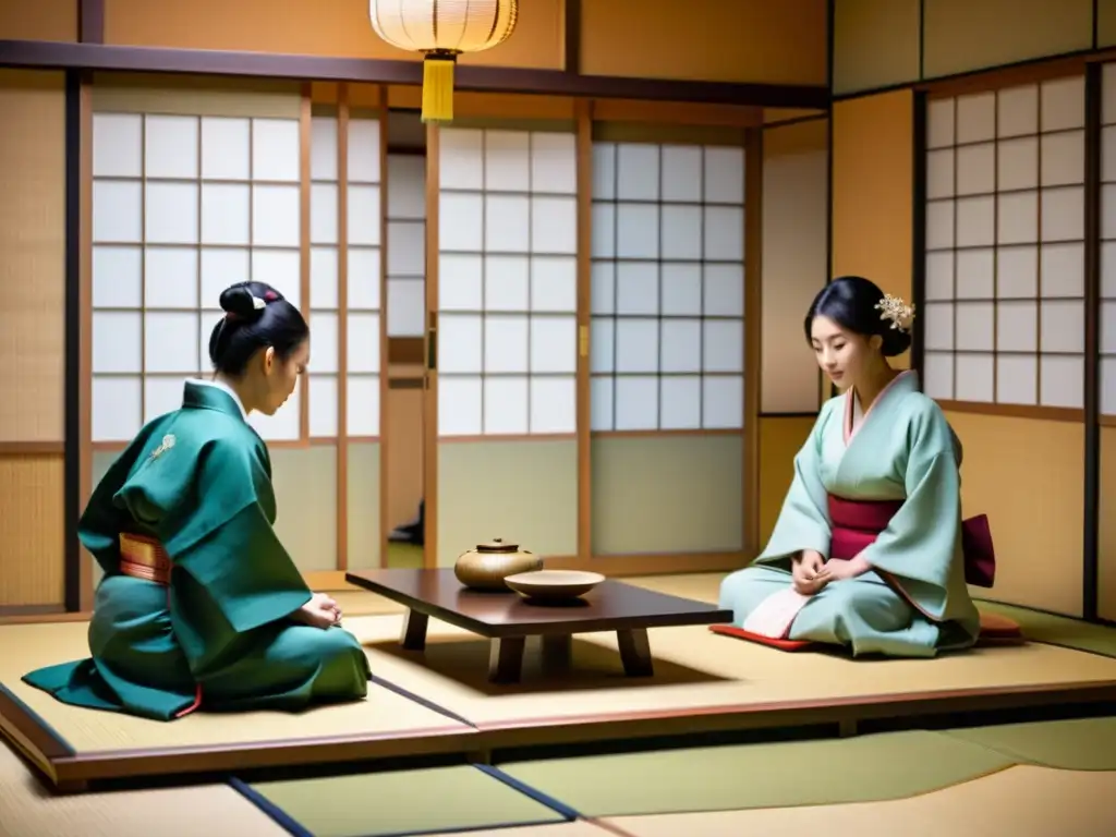 Grupo en kimono juega poesía Hyakunin Isshu Karuta en tradicional sala tatami japonesa