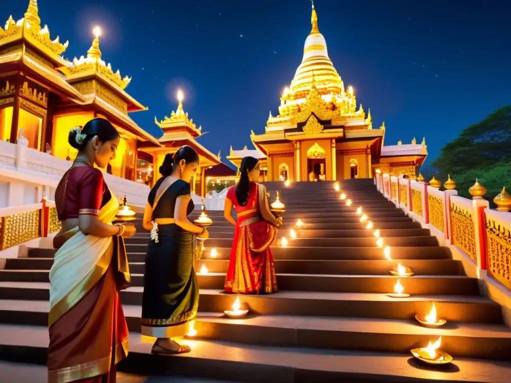 Grupo enciende lámparas en templo decorado durante el Festival Diwali, resaltando su significado y celebración