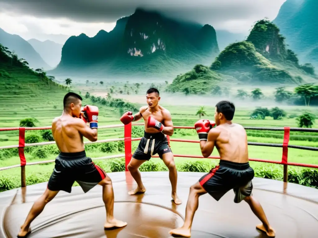 Un grupo de luchadores de Lethwei practicando en un campamento tradicional al aire libre en Myanmar, rodeados de exuberante vegetación y montañas