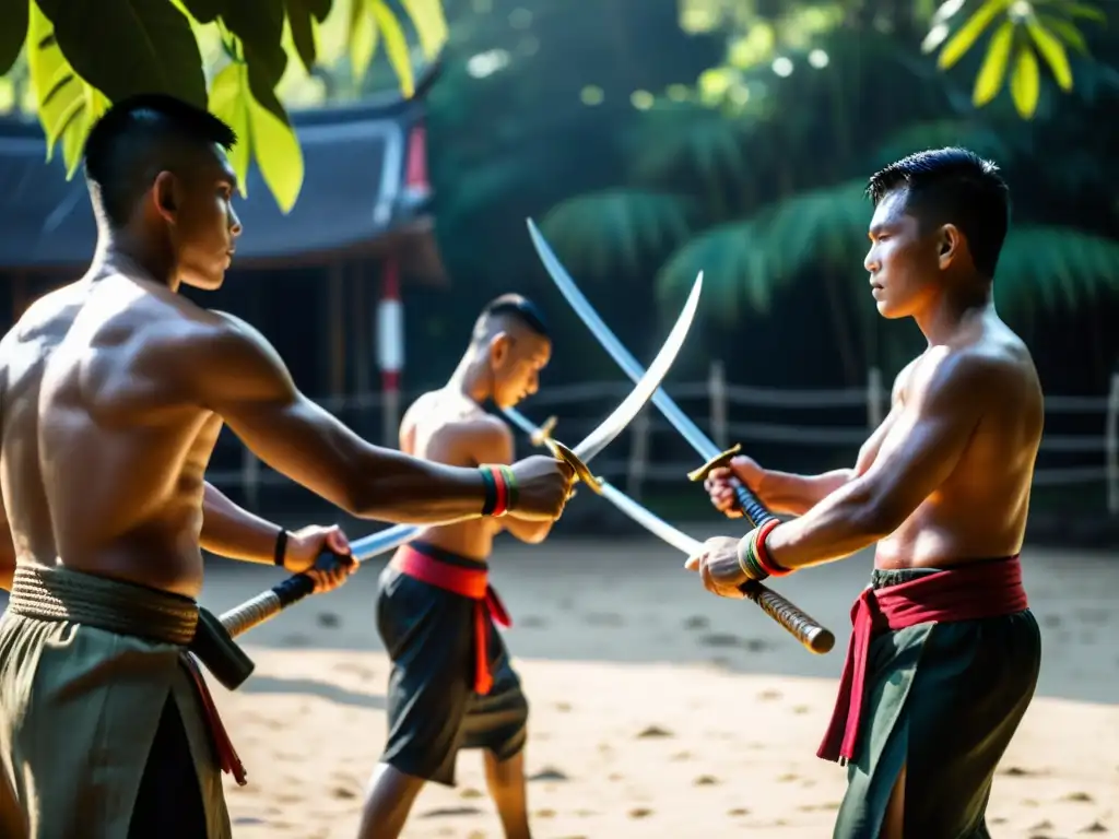 Grupo de luchadores de KrabiKrabong Tailandia en círculo, concentrados y listos para la batalla con sus armas, mostrando el legado marcial tailandés