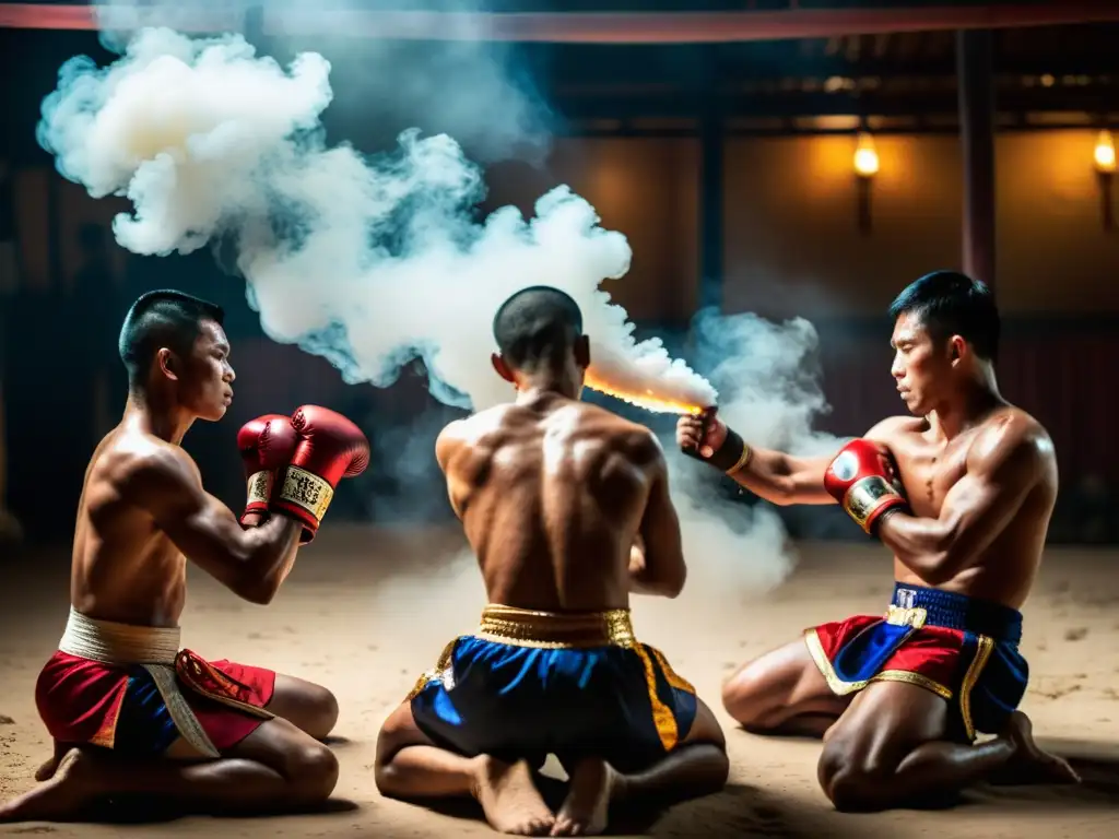 Grupo de luchadores de Muay Thai en ceremonia Wai Kru, creando una conexión espiritual en ambiente místico y tradicional