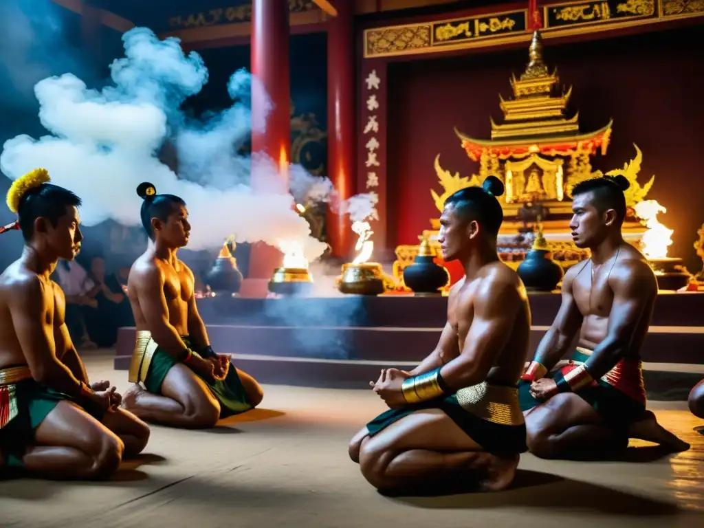 Grupo de luchadores de Muay Boran en ceremonia Wai Kru en templo decorado, creando conexión espiritual Muay Boran Muay Thai en atmósfera mística