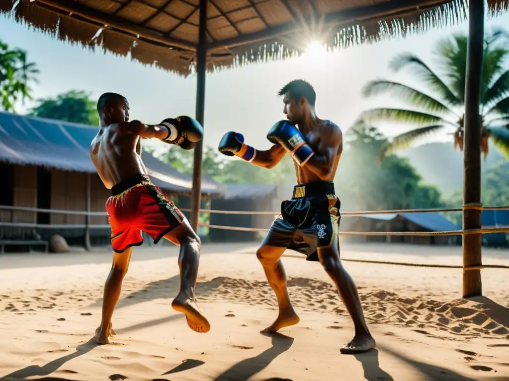 Grupo de luchadores de Muay Thai practicando en campamento rural al amanecer, capturando la esencia del origen y evolución del Muay Thai en Tailandia