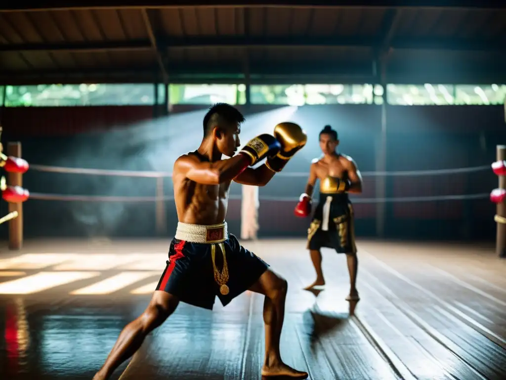 Grupo de luchadores de Muay Thai realizando el ritual Wai Kru Ram Muay en un gimnasio atmosférico, con una conexión espiritual Muay Boran Muay Thai palpable