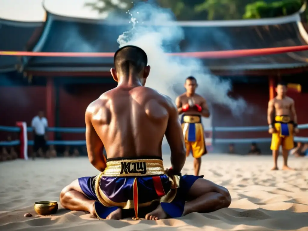 Un grupo de luchadores de Muay Thai en atuendo tradicional realizando un ritual espiritual antes de una pelea al atardecer, mostrando la conexión espiritual del Muay Boran y Muay Thai