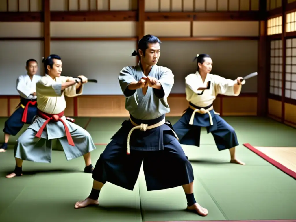 Un grupo de maestros samurai practica Aikijujutsu en un dojo tradicional, exudando sabiduría ancestral y maestría disciplinada