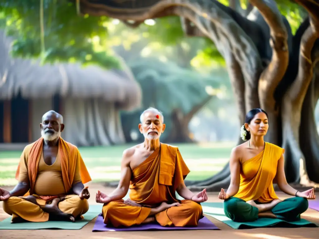 Un grupo de maestros de yoga ancianos medita bajo un árbol banyan, transmitiendo paz espiritual