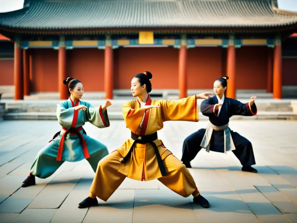 Un grupo de maestros de artes marciales practica movimientos precisos en un patio sereno, rodeado de arquitectura antigua