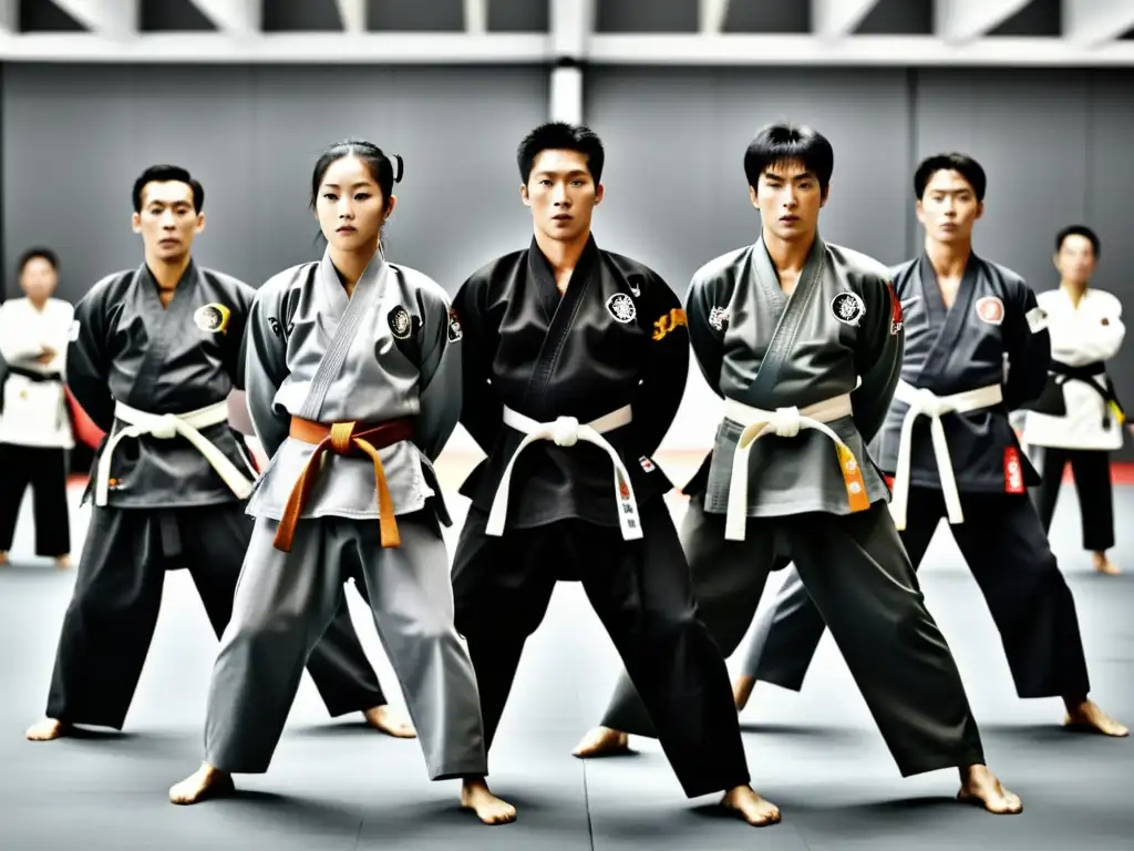 Grupo de maestros de Hapkido coreano en uniformes tradicionales, demostrando técnicas con precisión y enfoque