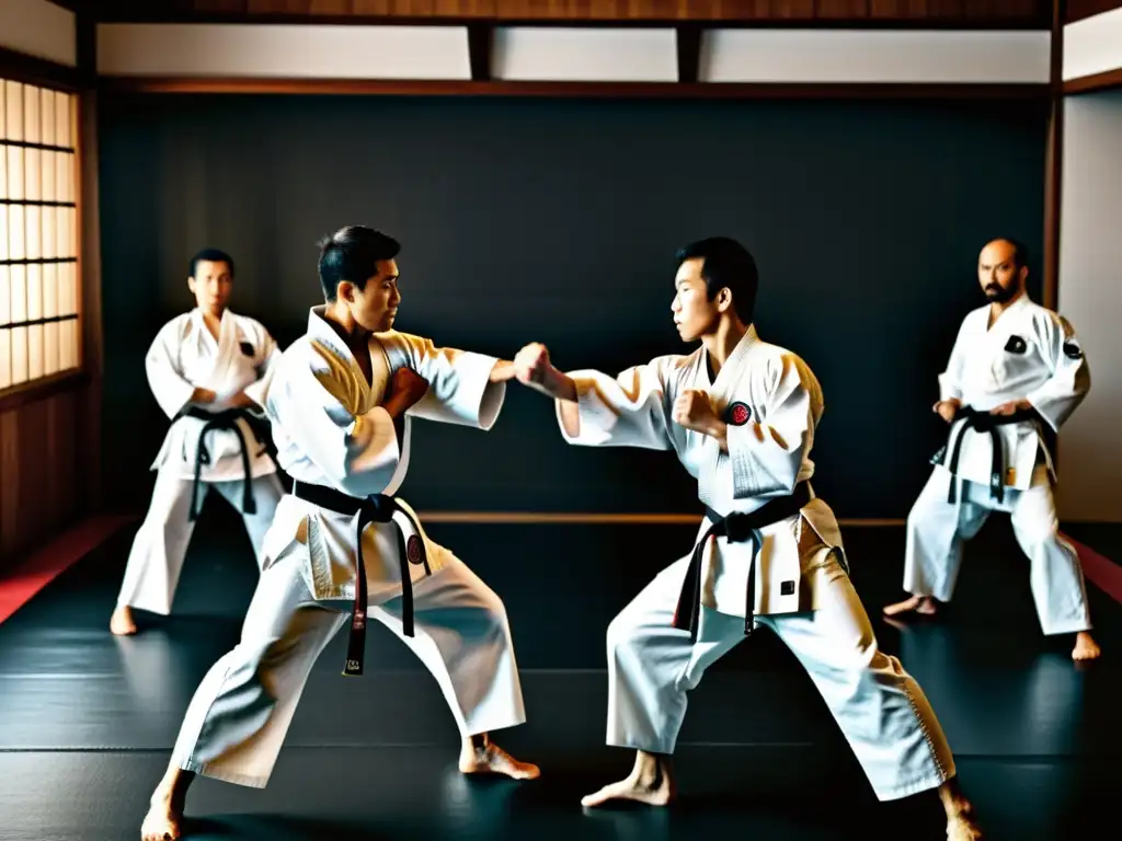 Un grupo de maestros de karate realiza katas en un dojo tradicional, transmitiendo disciplina y concentración