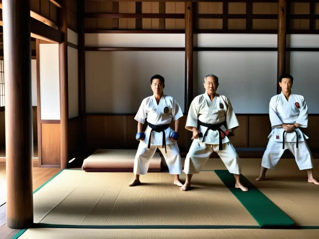 Un grupo de maestros de karate de Okinawa se reúnen en un dojo tradicional, mostrando una conexión palpable con la historia del karate en Okinawa