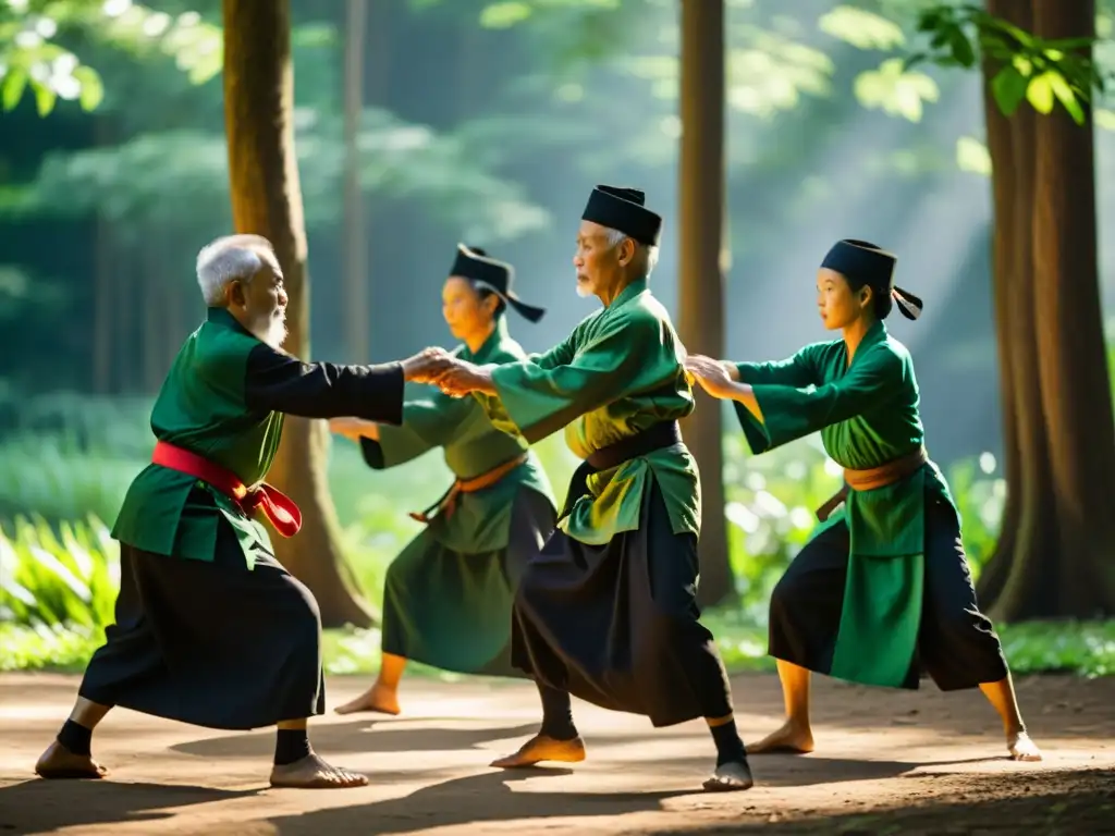 Un grupo de maestros ancianos de silat, con trajes tradicionales, demostrando técnicas en un claro sereno de un bosque exuberante