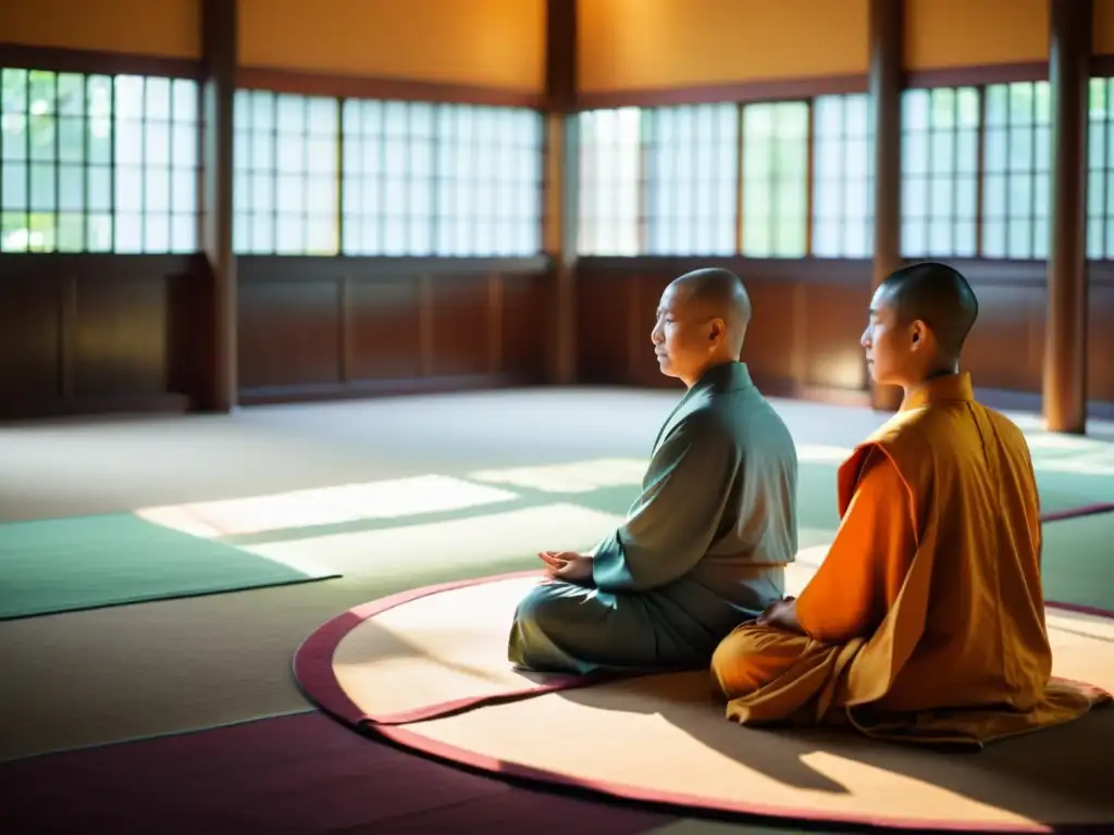 Grupo de meditadores budistas en templo contemporáneo, iluminados por luz natural