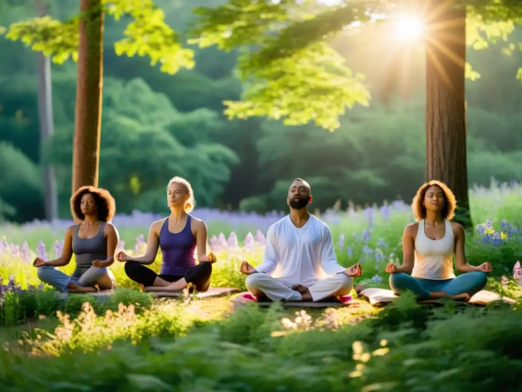 Un grupo de meditadores practica la Meditación Metta en un claro del bosque, rodeados de naturaleza exuberante y flores silvestres