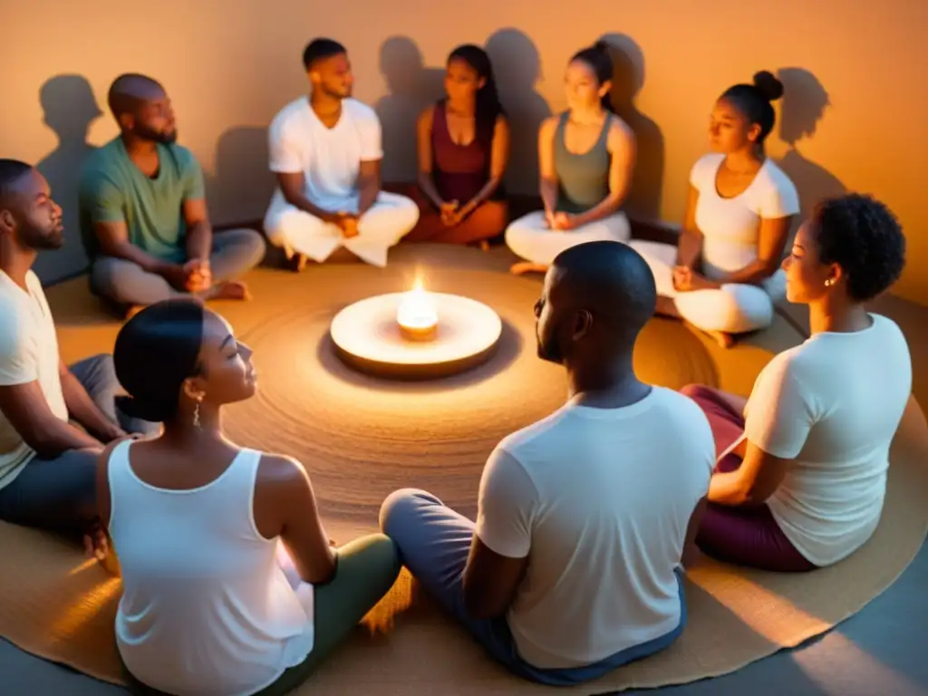 Grupo en meditación Metta para amor incondicional, irradiando paz y compasión en la tenue luz de las velas