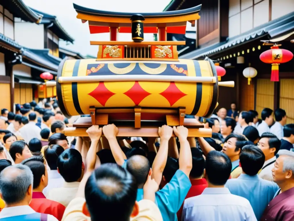 Grupo llevando un mikoshi por las bulliciosas calles de Kioto durante el Festival Gion Matsuri, una fusión de tradición y modernidad espiritual