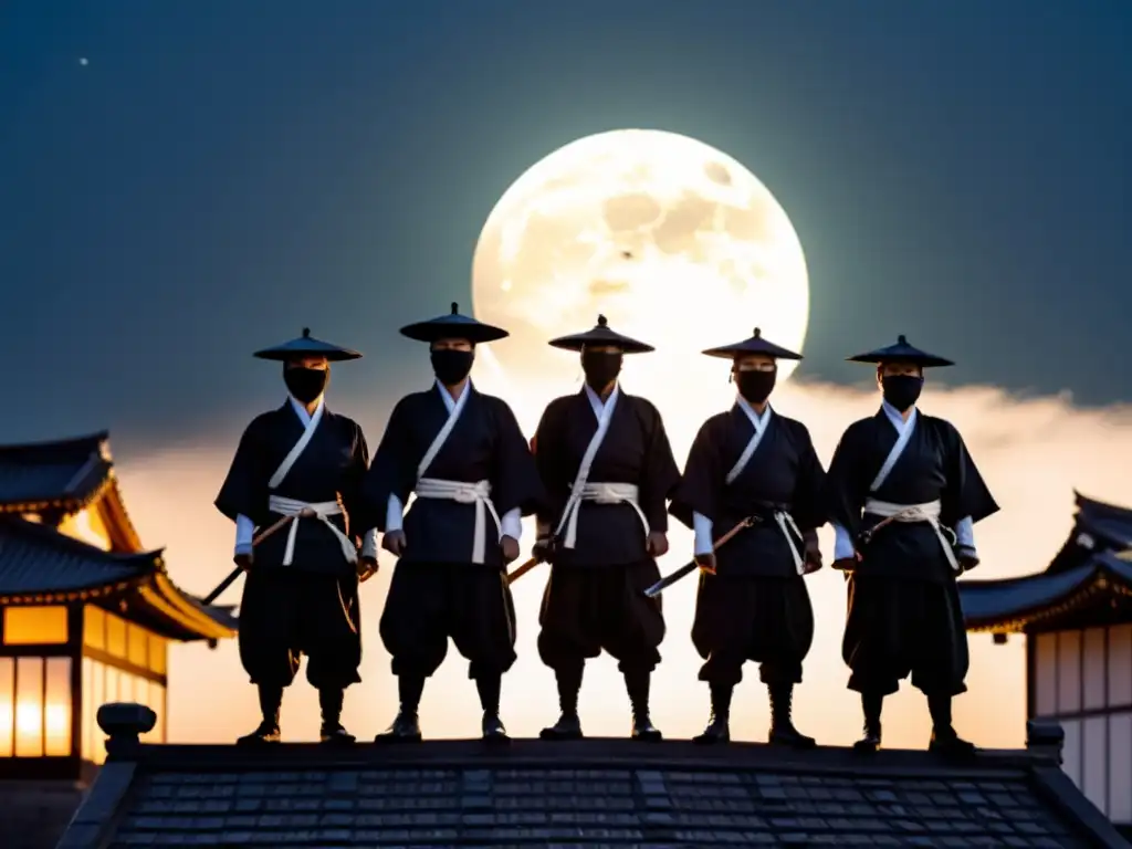 Grupo de misteriosos ninjas en un tejado iluminado por la luna, evocando la historia y misterios del ninjutsu arte