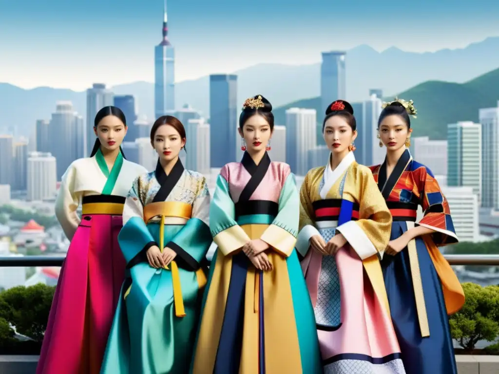 Hanbok moderno en la ciudad: fusión de tradición y estilo Grupo de modelos de moda coreana vistiendo Hanbok modernos con diseño vibrante en la resurrección del Hanbok en moda