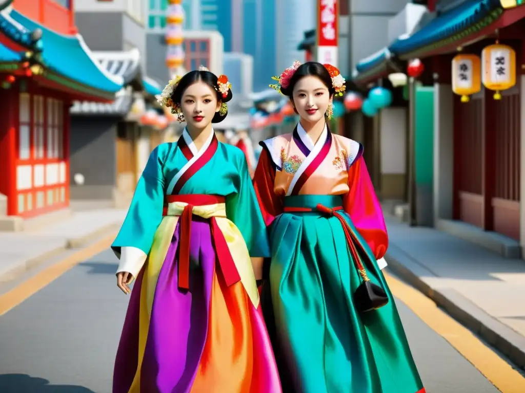 Un grupo moderno luce Hanbok en la ciudad, fusionando tradición y modernidad