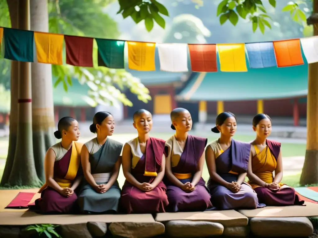 Un grupo de monjas budistas meditando en un templo sereno, rodeadas de naturaleza exuberante y banderas de oración