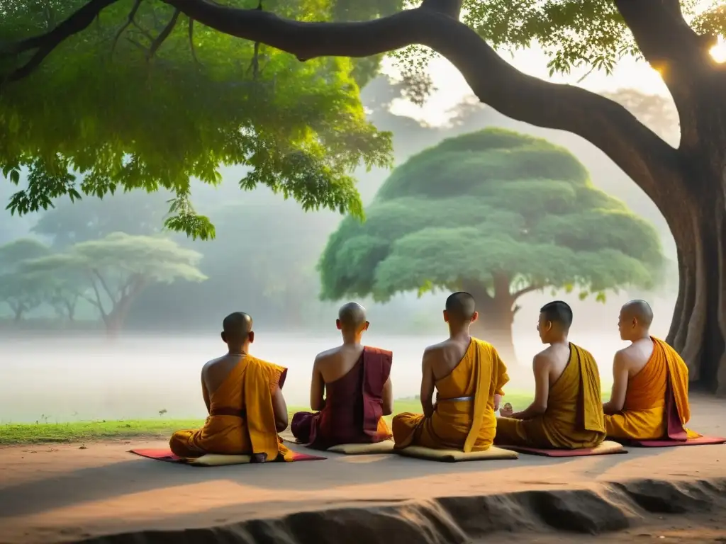 Grupo de monjes meditando bajo un árbol bodhi al amanecer, evocando la función de las parábolas budistas