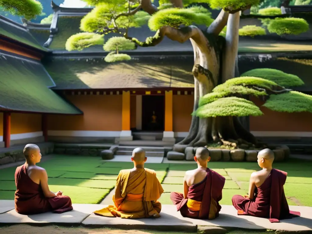 Grupo de monjes en meditación bajo un árbol Bodhi en un monasterio budista, creando un ambiente de retiros espirituales monasterios budistas