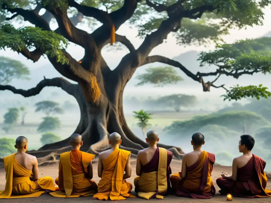 Un grupo de monjes en meditación bajo un árbol Bodhi, con luz suave filtrándose entre las hojas