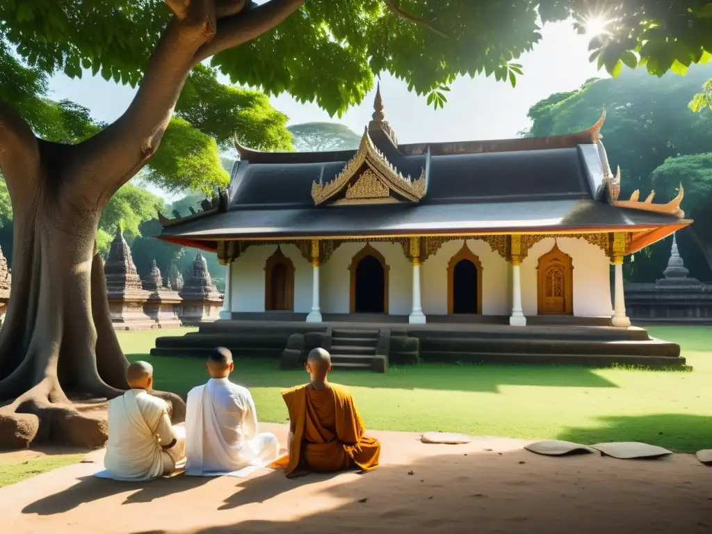 Un grupo de monjes Jaina medita pacíficamente bajo un árbol sagrado, rodeados de exuberante vegetación y detalles arquitectónicos de un templo Jaina