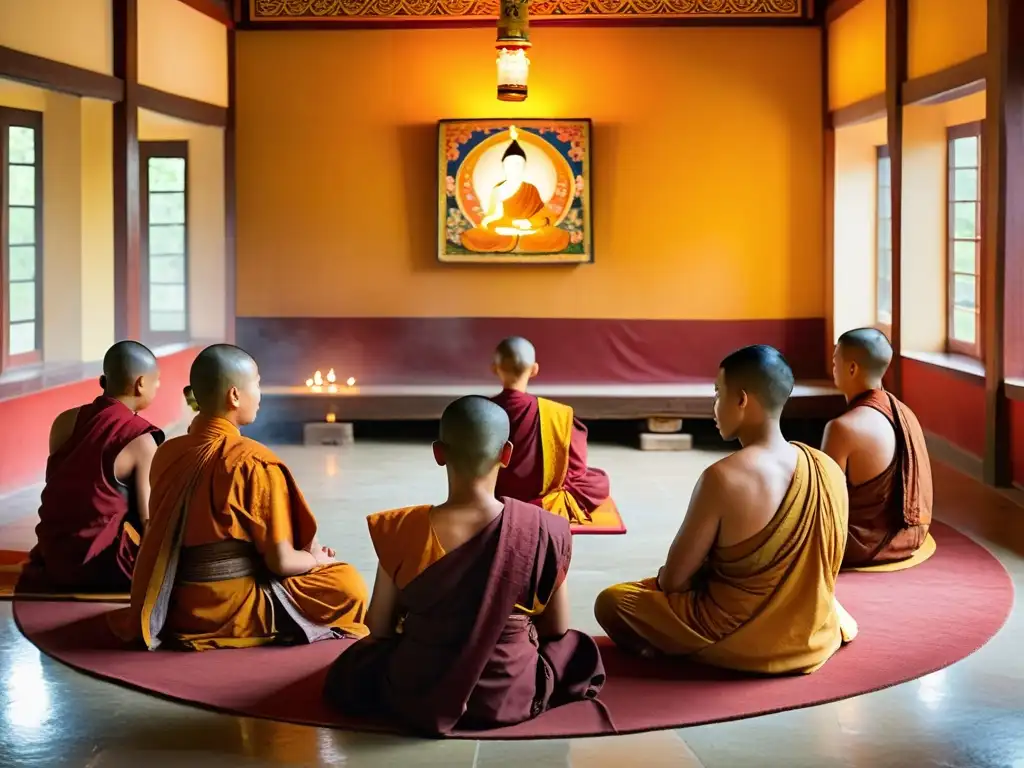 Un grupo de monjes bhutaneses meditando en un monasterio decorado, iluminados por lámparas de mantequilla