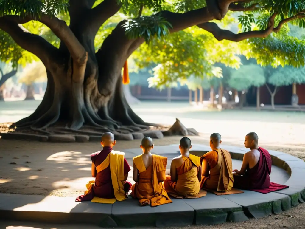 Grupo de monjes budistas en meditación bajo el árbol Bodhi, transmitiendo serenidad y sabiduría espiritual con enseñanzas budistas ciclo vida