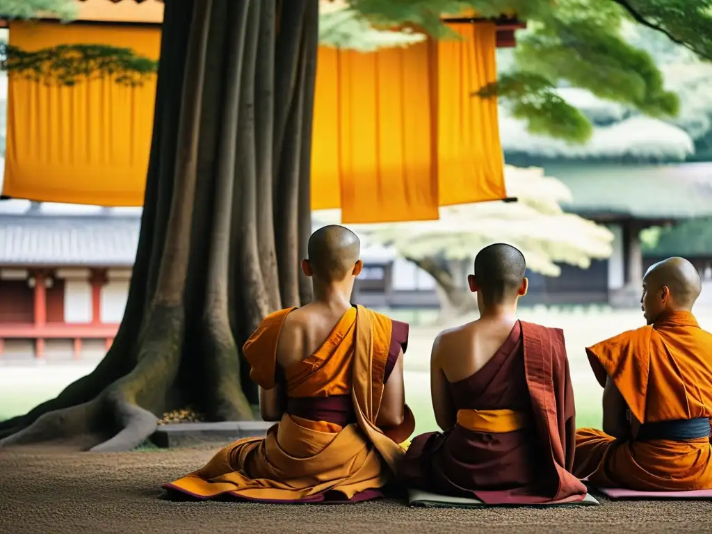 Un grupo de monjes budistas en meditación bajo un árbol Bodhi en un antiguo templo de Kyoto, Japón